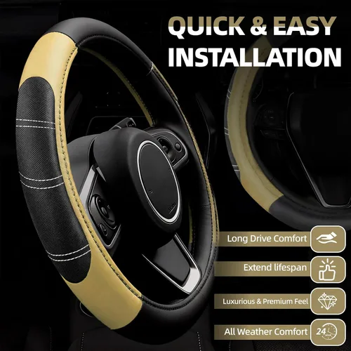Miniatura 2 de NBTEPEM Juego de 6 accesorios de automóvil beige, funda de cuero deportivo para volante de 14.5 a 15 pulgadas, universal, funda de cuero