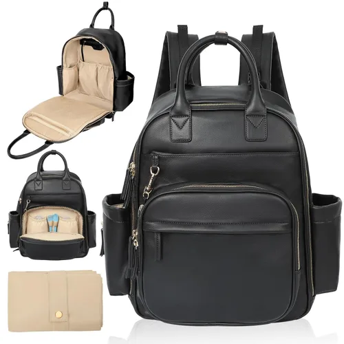 Omanmoli Mochila para pañales, bolsa de bebé de cuero con 16 bolsillos, mochila grande para pañales de viaje, organizador esencial para bebé, 4 Negro
