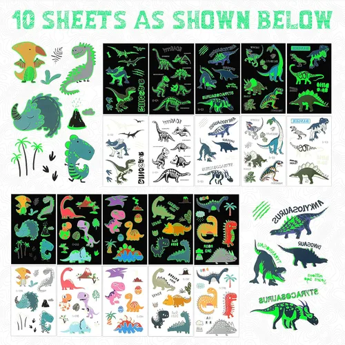 Miniatura 2 de Zonon 90 piezas de tatuajes temporales de dinosaurio luminoso, tatuajes temporales, calcomanías brillantes de dibujos animados, tatuajes de selva