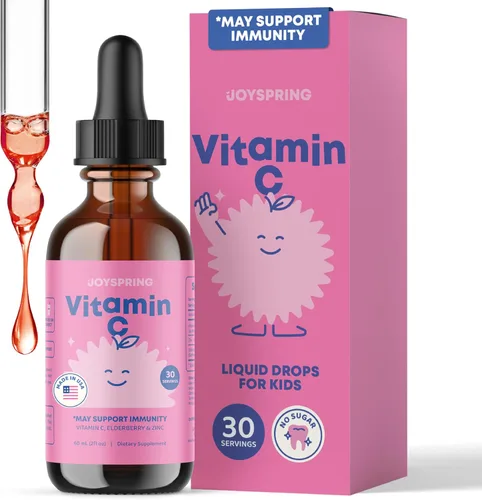 JoySpring Vitamina C y Zinc para Niños, Suplemento Líquido de Saúco | Vitamina C Libre de Alcohol para Pequeños | 3+ Años | (59 ml) 30 Porciones