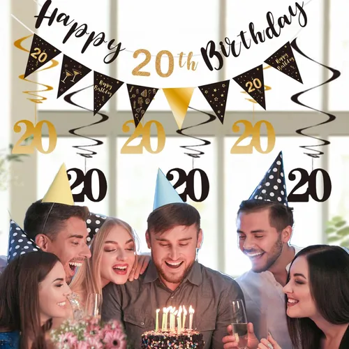 Miniatura 4 de BRT Bearingshui Kit de decoración de cumpleaños número 20 para hombres y mujeres, pancarta de feliz cumpleaños 20, serpentinas de remolinos