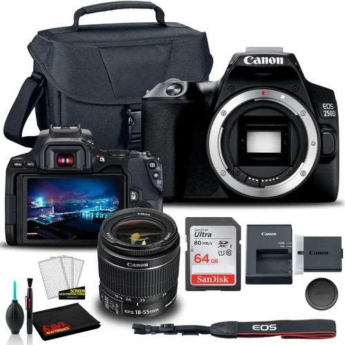 Canon Cámara DSLR EOS 250D con lente de 0.709-2.165 in (negro) (3453C002) + bolsa EOS + tarjeta Sandisk Ultra de 64 GB + juego de limpieza y más