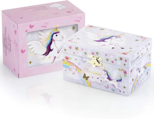 Miniatura 6 de RR ROUND RICH DESIGN Caja de almacenamiento de joyas musicales con purpurina y juego de joyas para niñas pequeñas con unicornio giratorio y arco
