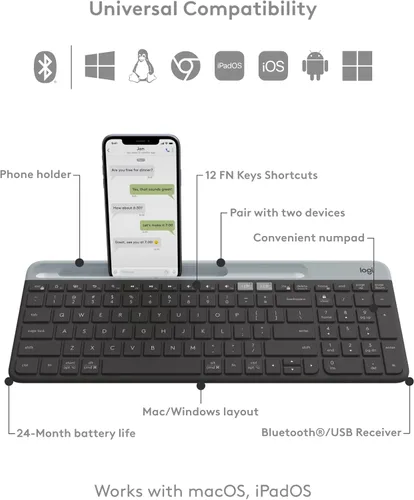 Miniatura 6 de Logitech K585 Teclado inalámbrico delgado multidispositivo, base integrada para dispositivo; para laptop, tableta, escritorio, teléfono inteligente