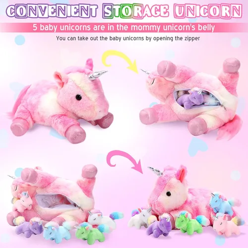 Miniatura 4 de Sumind Peluche de unicornio arcoíris para mamá con 5 lindos unicornios en su barriga para mamá, año de Navidad, regalos de cumpleaños