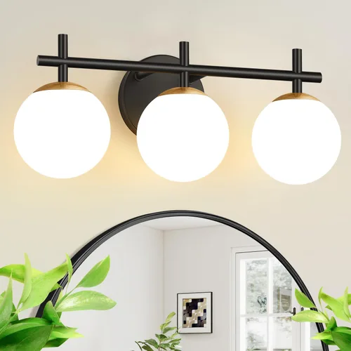 Miniatura 9 de Juego de dos apliques de pared dorados, paquete de 2 lámparas de baño de oro cepillado con vidrio de globo blanco lechoso, apliques modernos