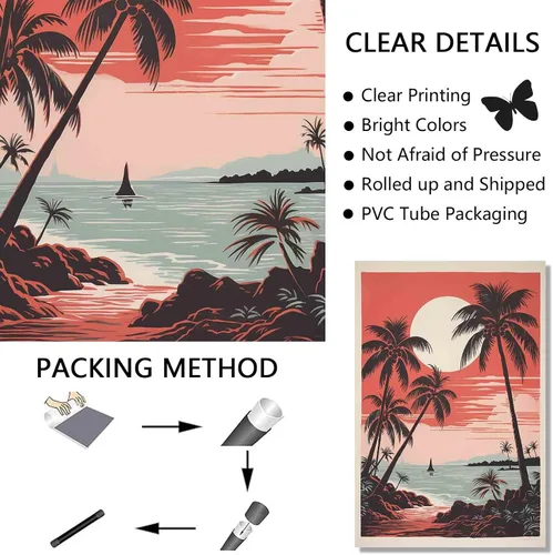 Miniatura 3 de Arte de pared vintage de paisaje marino retro, póster de playa con imagen de palmera, lienzo de árbol tropical, arte de pared, arte de océano