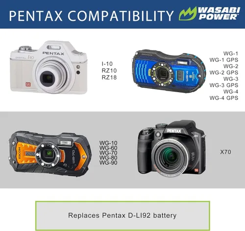 Miniatura 2 de Wasabi Power Batería (paquete de 2) y cargador USB-C para Ricoh Pentax D-LI92 y Ricoh Pentax Optio I-10, RZ10, RZ18, WG-1, WG-1 GPS, WG-2, WG-2