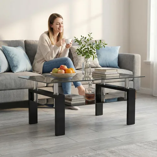 Miniatura 2 de Mesa de centro de vidrio rectangular Meihua de 2 niveles, mesa de té moderna, mesa auxiliar de café para sala de estar (todo negro)