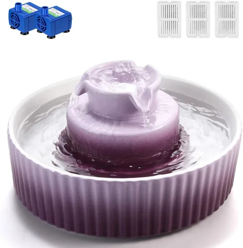 Fuente de agua de cerámica para gatos, 2.1L/71 onzas, fuente para cupcakes para gatos y perros en interiores, 2 bombas ultra silenciosas (morado)