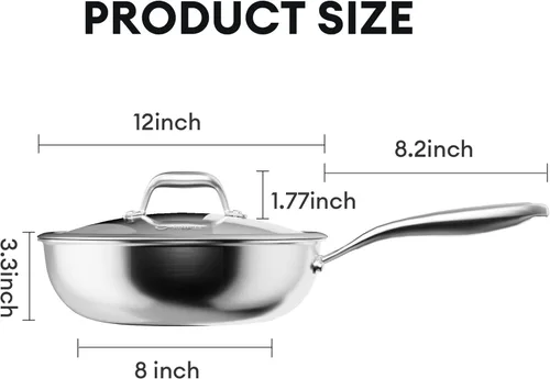 Miniatura 9 de COOKER KING Wok híbrido de acero inoxidable de 12 pulgadas con tapa, sartén antiadherente y sartén profunda, bandeja diaria de panal revestida