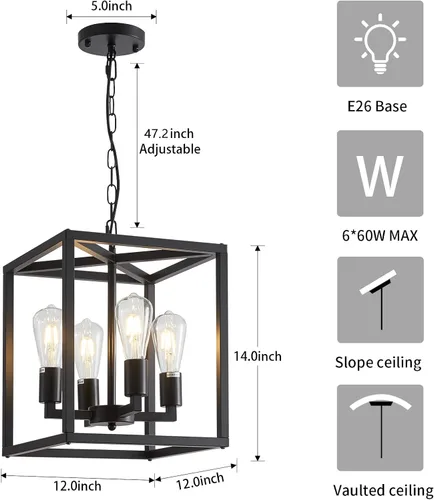 Miniatura 6 de Lanhall Candelabro de Casa de Campo de 4 Luces, Iluminación Colgante Industrial Rústica, Jaula Metálica de Altura Ajustable E26, Luces Colgantes
