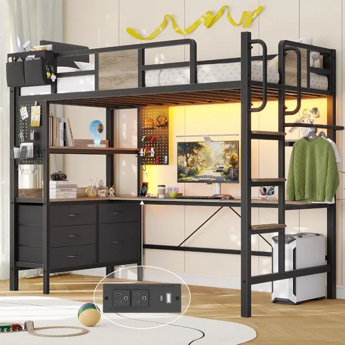 Dnxao Cama alta individual con escritorio y 5 cajones de almacenamiento, cama alta tamaño individual con luces LED y estación de carga, marco de