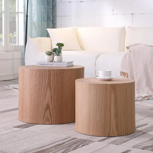Miniatura 4 de JUSTONE Juego de mesa auxiliar anidable de 2 piezas, mesas redondas de madera de roble moderno para sala de estar para dormitorio y oficina en casa