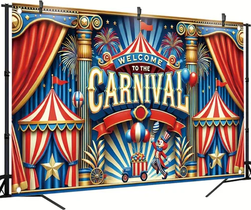 Miniatura 3 de Cartel con temática de carnaval de 71 x 43 pulgadas, tienda de campaña de circo, globos de payaso, decoración de fiesta para niños, feria