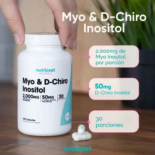 Miniatura 6 de Nutricost Myo Inositol y D-Chiro Inositol para mujeres 2000mg, 120 cápsulas, 2000mg Myo y 50mg D-Chiro por porción, 30 porciones, apto