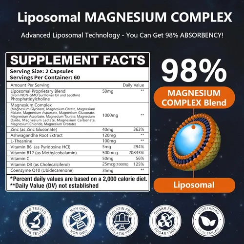 Miniatura 4 de 2 Paquetes de Cápsulas de Complejo de Magnesio Liposomal con 12 Tipos Activos 1400mg (Glicinato, Citrato, Malato, etc.) - con Vitamina D3, B6, B12