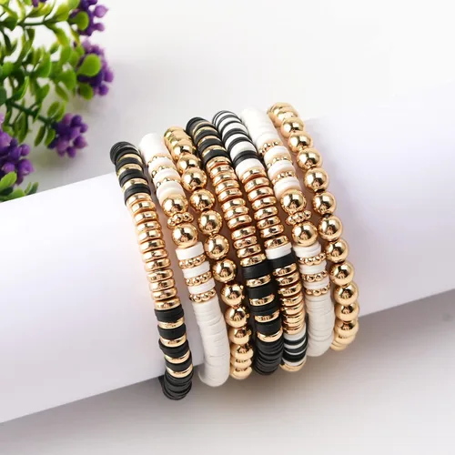 Miniatura 3 de Pulseras de cuentas de arcilla estilo heishi surfista para mujer con discos de vinilo y dije de mal de ojo apilables pulseras elásticas de amistad