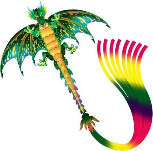 eyijklzo Cometa de dragón verde hermosa y fácil de volar para niños y adultos con cola larga y colorida, accesorios fáciles de volar para