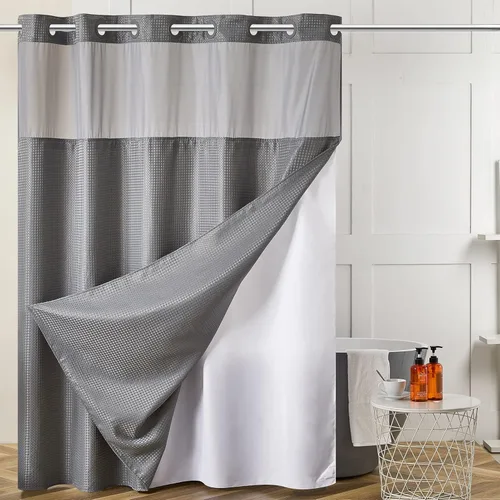 Miniatura 11 de Furlinic - Cortina de ducha para cabina sin ganchos con forro a presión, cortinas de baño de tejido gofre impermeables con ventana superior Beige