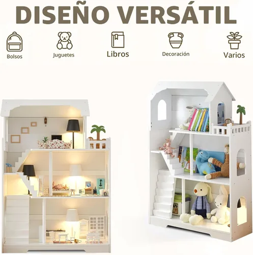 Miniatura 5 de Estantería de Casa de Muñecas de Madera - Estantería de Casa de Muñecas para Niños Pequeños, Espacio Extra para Almacenamiento de Juguetes y Libros