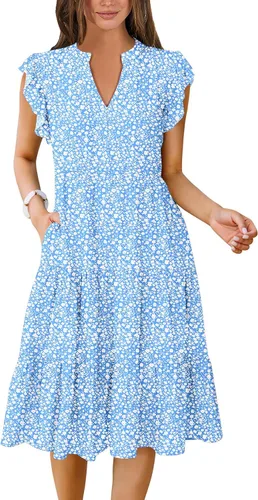 Miniatura 14 de ANRABESS Vestido de verano para mujer, manga con volantes, cuello en V, vestido midi a la moda, casual, holgado, escalonado, bohemio, playa