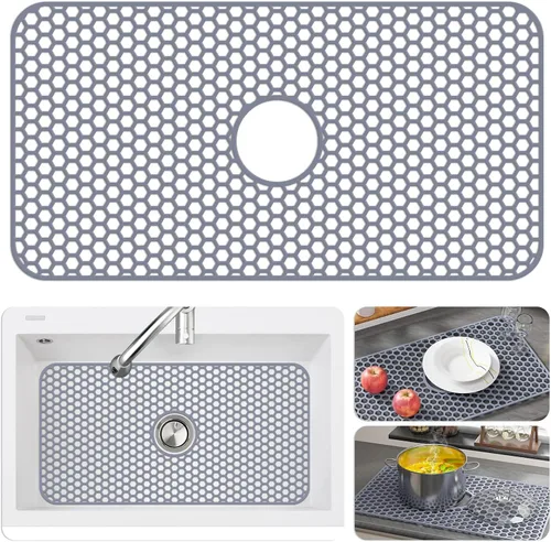 Miniatura 13 de Bestjing Tapete de silicona para fregadero - Protectores para fregadero de cocina con drenaje central, accesorio de rejilla de cocina de 26" x 14