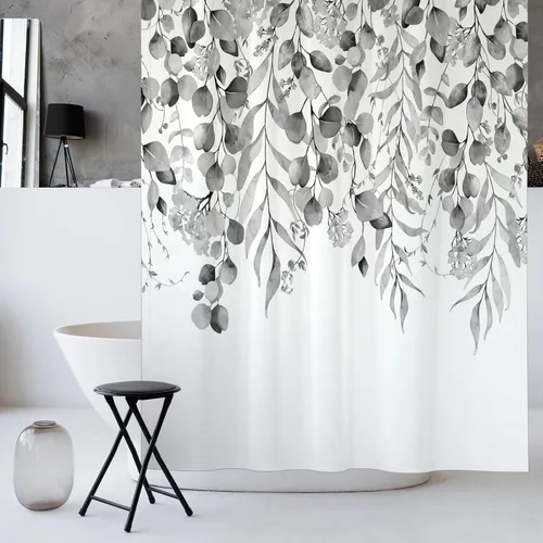 Miniatura 2 de KAIRA Cortina de ducha de eucalipto negro con diseño clásico y moderno, hojas de plantas de acuarela con diseño floral, decoración de baño, 72 x 72