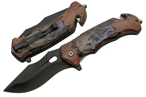 SZCO Cuchillo de bolsillo plegable Howling Wolf de 4.75 pulgadas, cuchillo plegable para hombres con hoja negra de 3.5 pulgadas, cortador de
