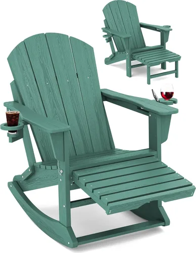 Miniatura 33 de Mecedora Adirondack de KINGYES con Otomana Retráctil y Portavasos, Silla Reclinable de Patio de HDPE Adirondack para Porche, Patio, Balcón, Azul Aqua