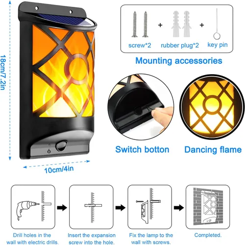 Miniatura 3 de Luces solares de llama para exteriores, luces solares de pared parpadeantes, 66 LED, impermeable, encendido/apagado automático, decoración