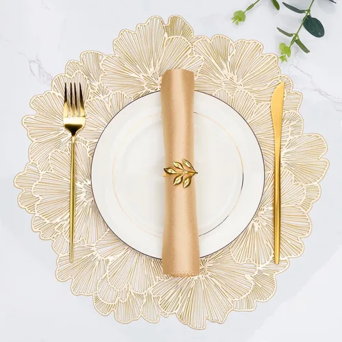 Miniatura 8 de Paquete de 6 manteles individuales redondos con diseño floral dorado y amarillo, manteles individuales de vinilo para mesa de comedor, lavables