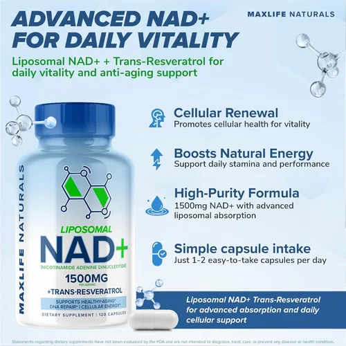 Miniatura 2 de MaxLife Naturals Suplemento liposomal NAD+ de 1500 mg con trans-resveratrol - 120 cápsulas NAD+ suplemento de resveratrol para hombres y mujeres
