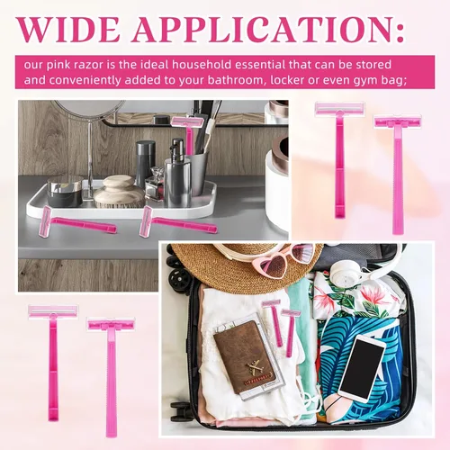Miniatura 7 de Hanaive Maquinillas de afeitar desechables para mujer, doble hoja, desechable, de acero inoxidable, calidad hotelera, multiusos, portátil, Rosa