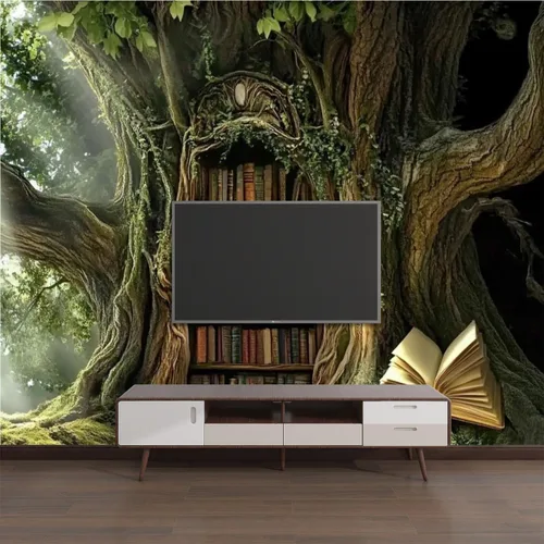 Miniatura 6 de Murales modernos para papel pintado 3D petrificado árbol arroyo ambiente antiguo oculto estantería abierta libro abierto despegar y pegar