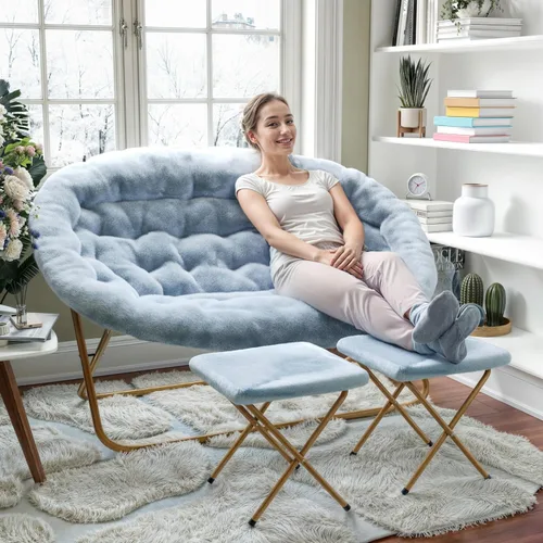 Miniatura 6 de Flash Furniture Eleanor - Silla portátil doble platillo con 2 otomanas, marcos de acero plegables, para dormitorio o dormitorio, 56 pulgadas, piel