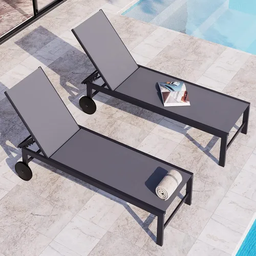 Miniatura 13 de QAQA - 2 tumbonas para exteriores con ruedas, silla de aluminio para patio con 5 posiciones ajustables para piscina, playa, patio, gris oscuro