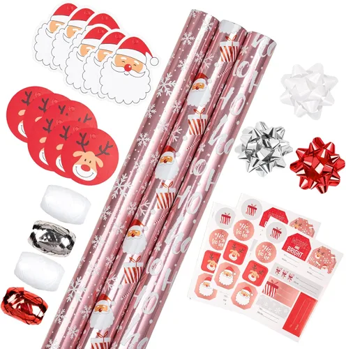 Miniatura 21 de LeZakaa Mini rollo de papel de regalo de Navidad, diseño de campana y árbol/bastones de caramelo/copos de nieve, blanco y negro, para envolver