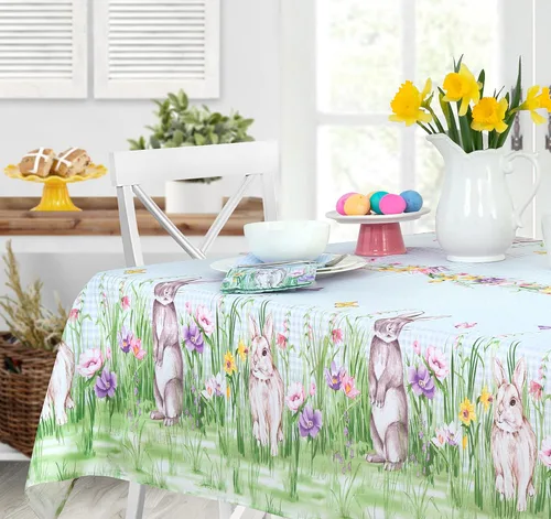 Miniatura 6 de Manteles Newbridge con diseño de Pascua, primavera, prado y conejos bordados, adorable tela de mantel con conejos y de color azul, con estampado a