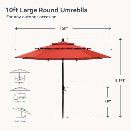 Miniatura 2 de PHI VILLA Sombrilla de patio de 10 pies, sombrilla de mesa grande ventilada de 3 niveles para exteriores, con 8 varillas resistentes y poste