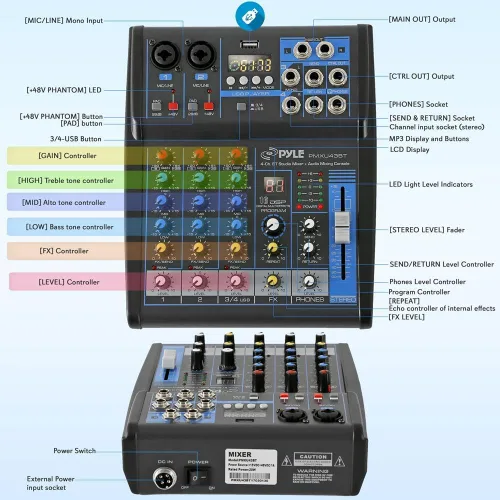 Miniatura 2 de Pyle Mezclador de Audio Profesional Placa de Sonido Consola del Sistema - 4 Canales - Bluetooth - Entrada USB MP3 para Computadora - 48V Phantom