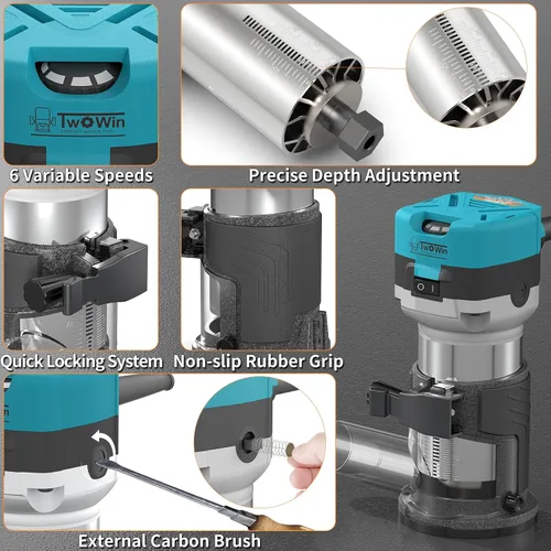 Miniatura 6 de Herramienta de enrutador TwoWin, Herramienta de enrutador de madera manual de 6.5 Amp 1.25 HP, Herramienta de enrutador de palma compacta