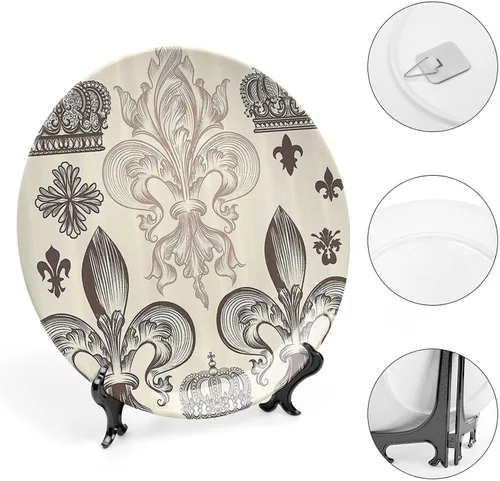 Miniatura 4 de Plato decorativo de 6 pulgadas, plato de cena de flor de lis, patrón heráldico, escudo de armas, placa de exhibición de adorno para mesa de comedor