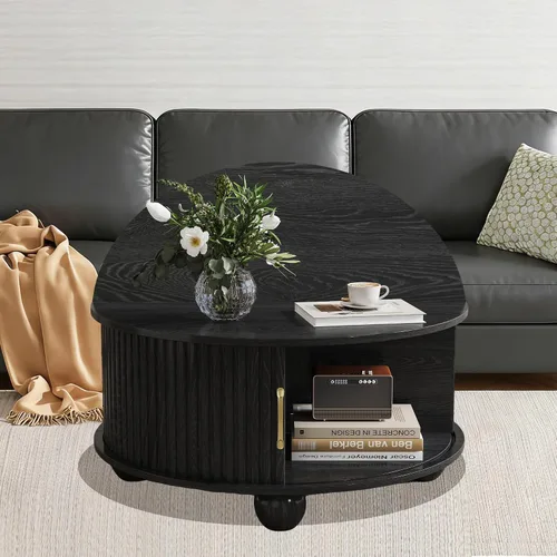 Miniatura 5 de Mesa auxiliar redonda con almacenamiento, mesa central acanalada con puerta corredera y estantes abiertos, mesa de centro pequeña de mediados
