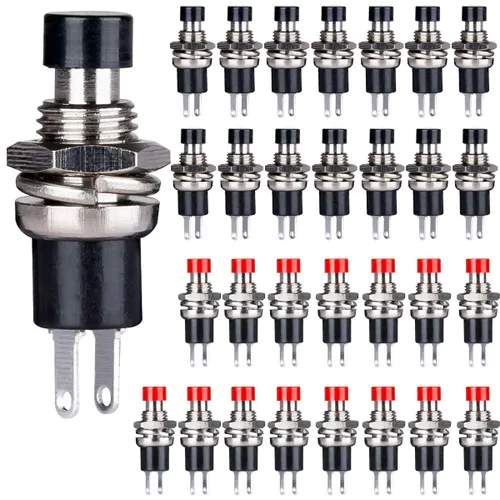 Miniatura 8 de Clyxgs Interruptor de botón momentáneo, SPST Interruptor NC cerrado normal de 2 pines Mini Micro 1A 250V AC Negro+Tapa Roja 30 PCS
