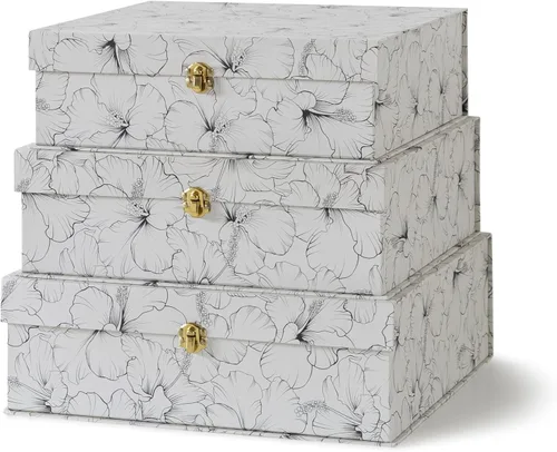 Miniatura 8 de Soul & Lane Cajas de Almacenamiento Decorativas de Cartón Floral Azul y Blanco con Herrajes Dorados - Juego de 3, Jardín Aviario - Cajas Apilables