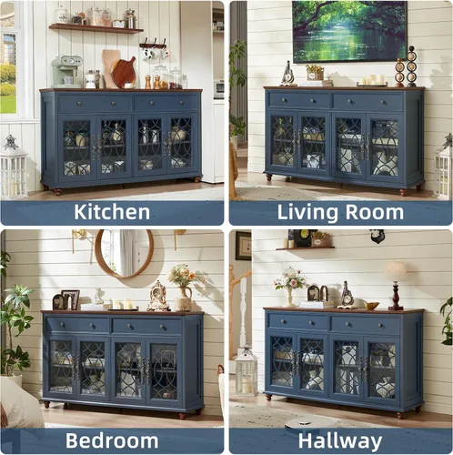 Miniatura 4 de Joaxswe Aparador de estilo rústico con almacenamiento, credenza grande de 59 pulgadas con 4 puertas de vidrio y 2 cajones, estantes ajustables, mesa