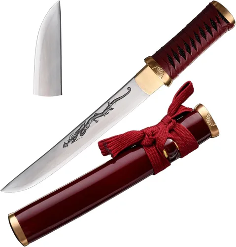 Cuchillo de acero al manganeso 1065 hecho a mano con accesorios de cobre Rojo