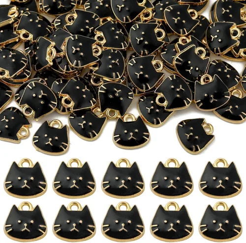 KitBeads 20 dijes esmaltados de gato negro mini cabeza de animal gatito mascota encanto para hacer joyas, pulseras collar a granel
