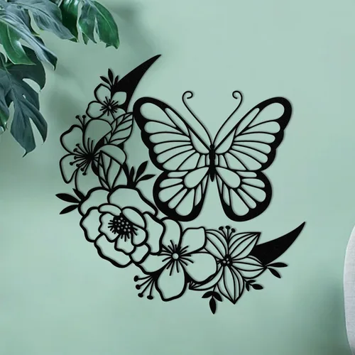 Miniatura 8 de ruelen Decoración de pared de metal con diseño de mariposa y luna, arte de pared bohemio floral para colgar en la pared en el hogar